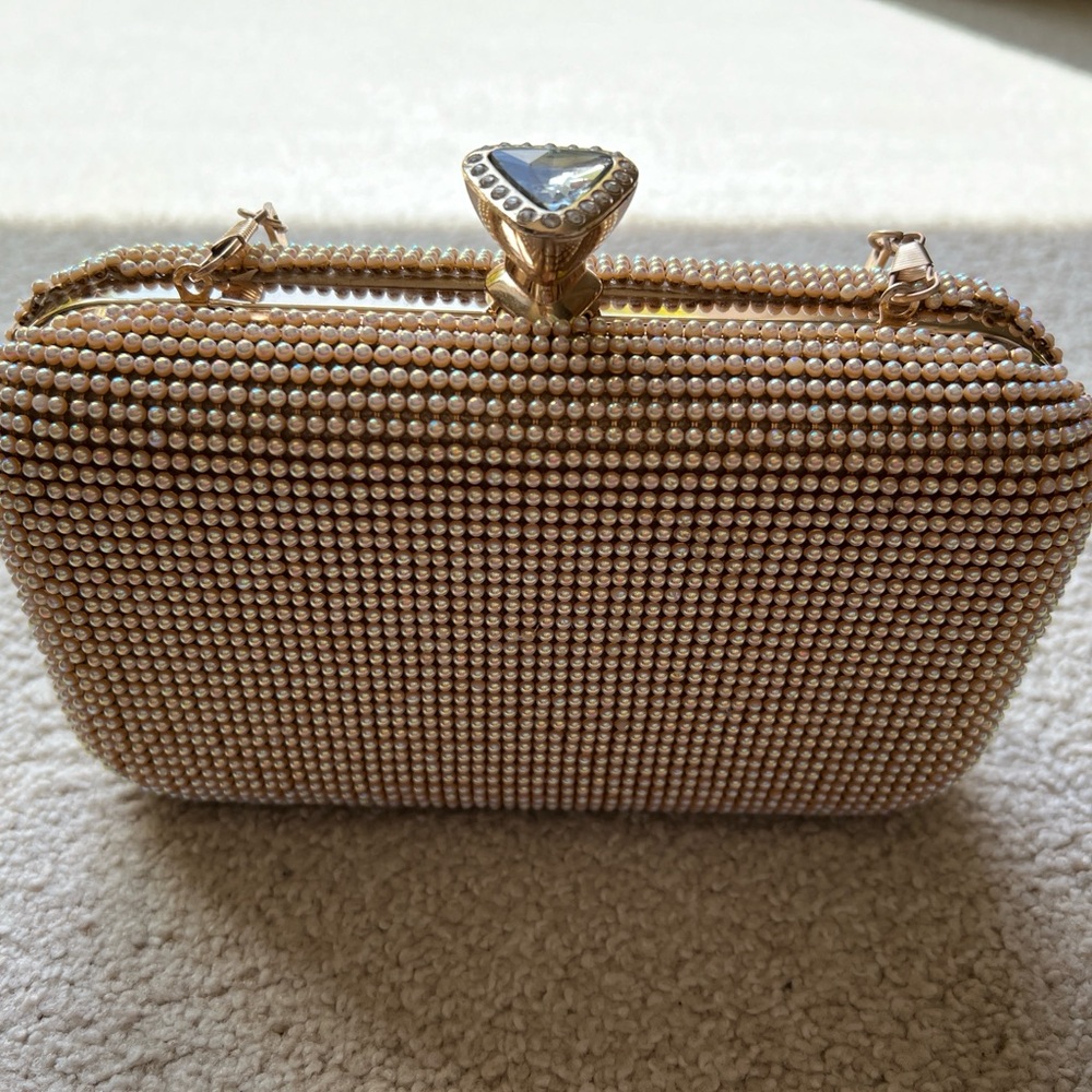 Gold Pearl Studded Rhinestone Evening Bag Handbag Clutch Purse Bag Crystal 8”x5”